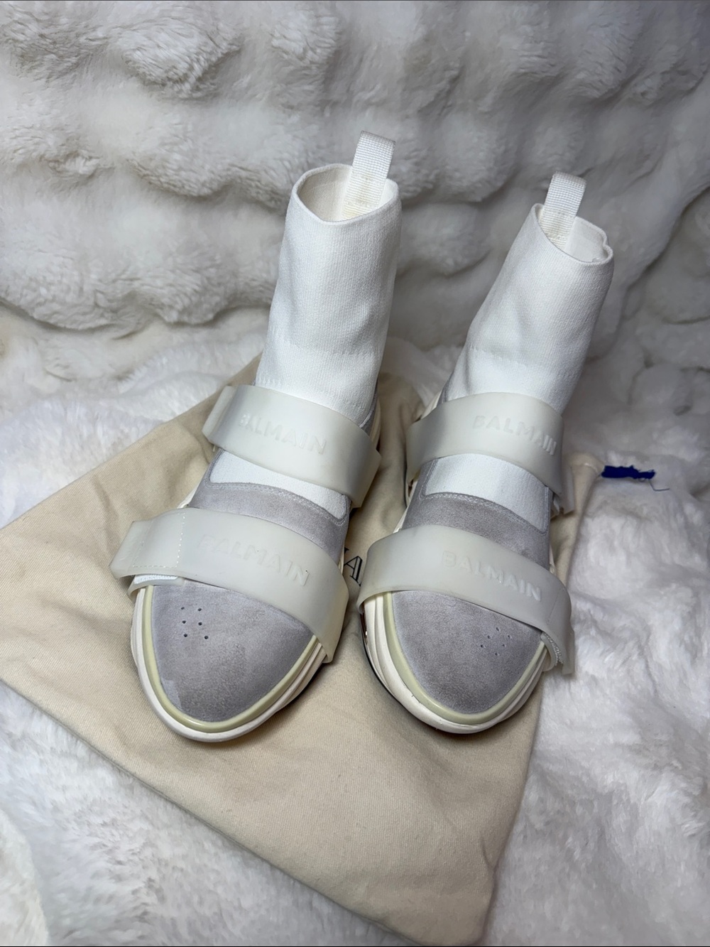 Balmain White and Light Gray Women's High-Top Strap Sneakers